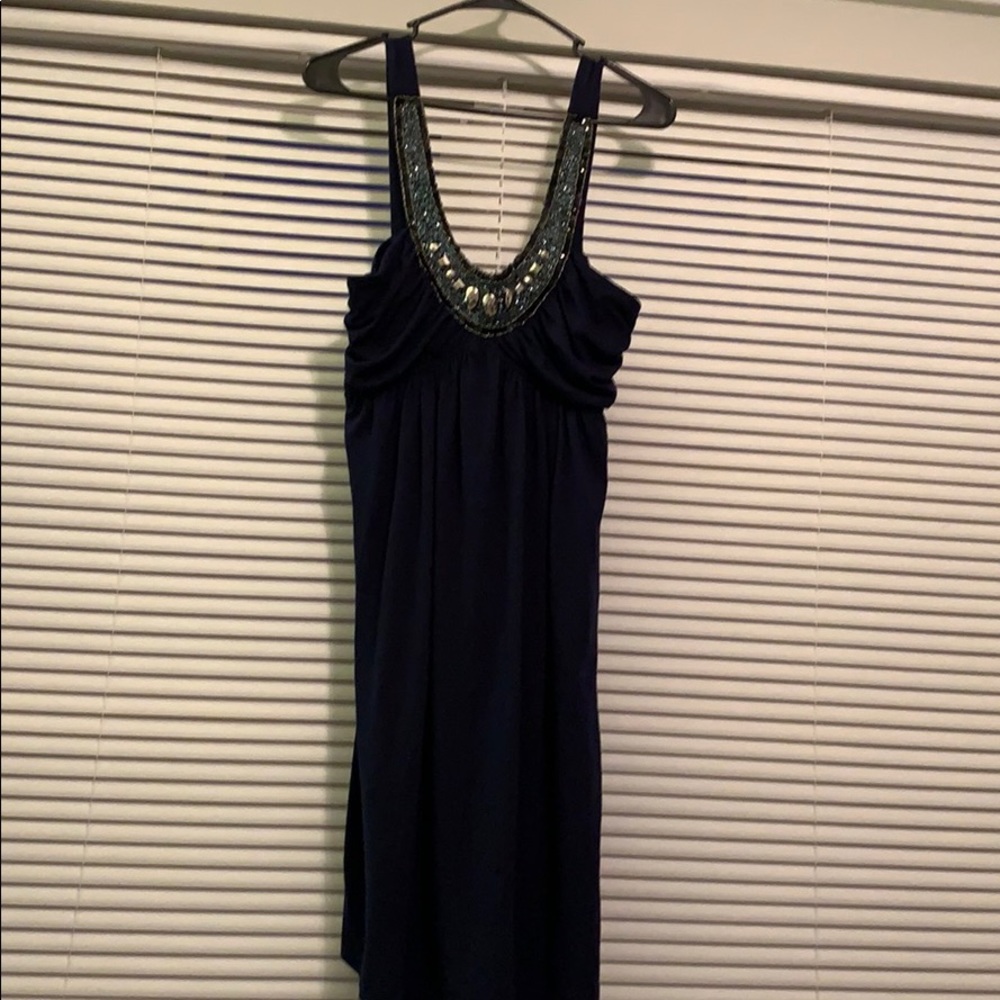 Beaded neckline navy blue dress